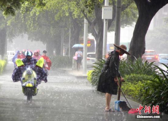 6月16日，广西柳州市遭暴雨侵袭，一名清洁工在雨中扫地。 记者 朱柳融 摄