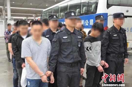 警方将18名诈骗嫌疑人从重庆押回广州。广州警方供图